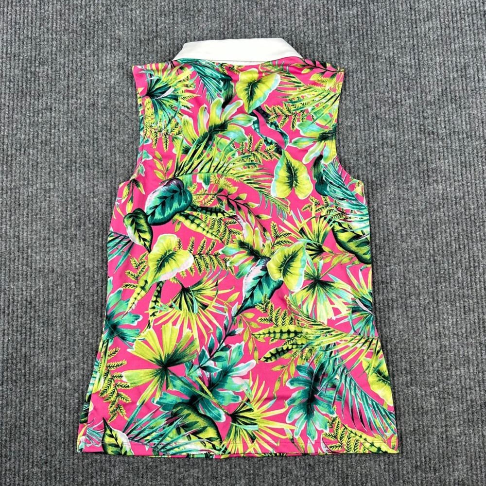 Tommy Bahama Golf Womens M Sleeveless Polo Pink Lime Tropical Leaf Print Floral - Picture 2 of 8